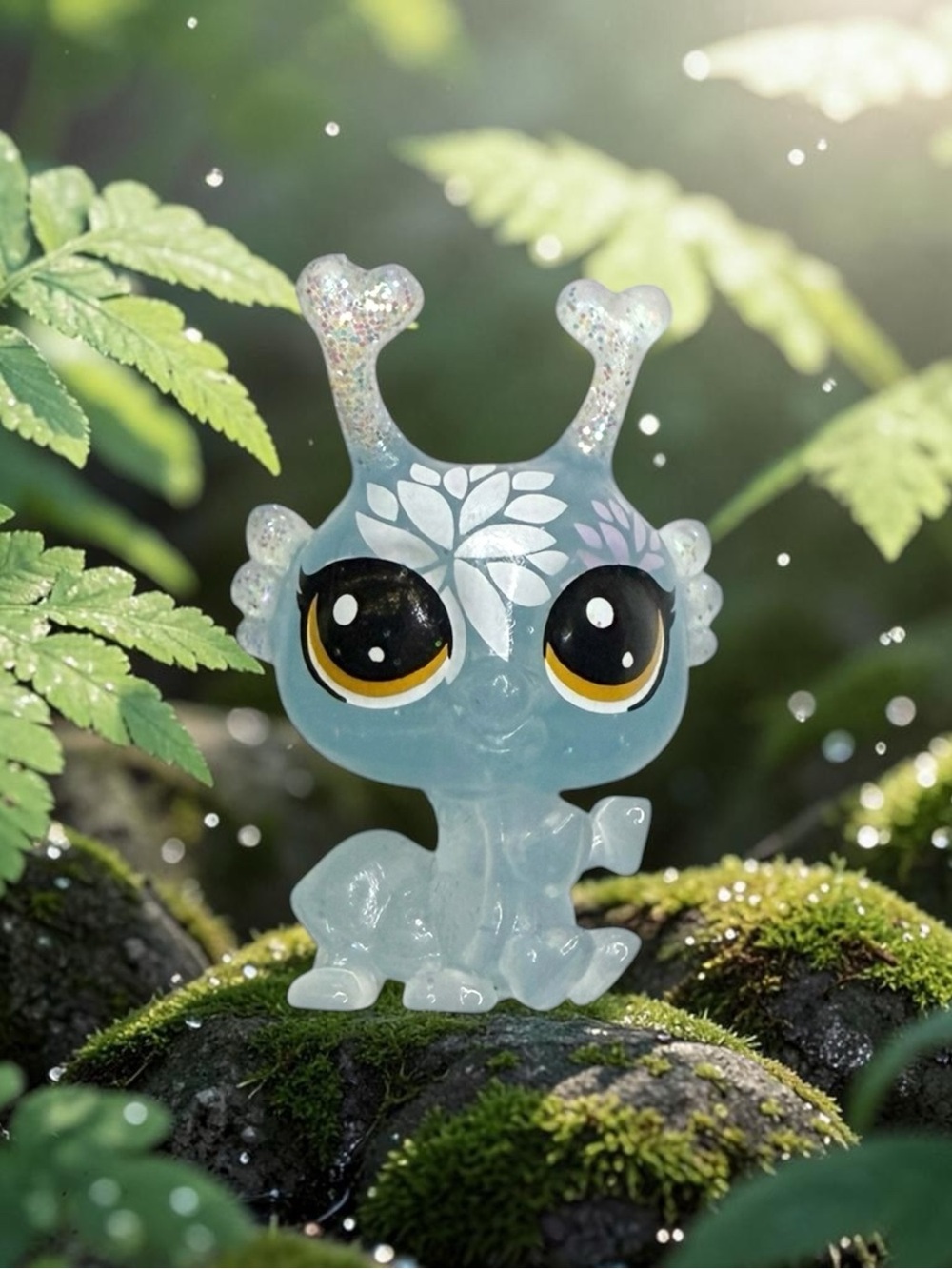littlest pet shop # 4-106 pastel blue caterpillar with sparkles & flower detail